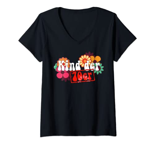 Damen Siebziger Jahre Kind der 70er Spruch Flower Power Retro T-Shirt mit V-Ausschnitt von Flower Power Kind der 70er Spruch Blume