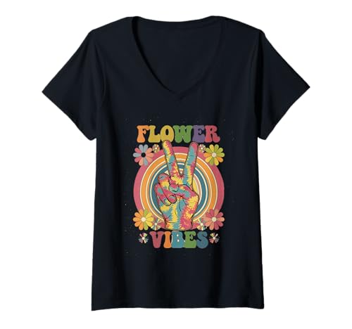 Damen groovy flower vibes Vintage Retro grooooovy cool party T-Shirt mit V-Ausschnitt von Flower Power und Discoball Outfits