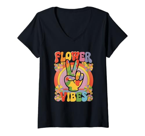 Damen groovy flower vibes Vintage Retro grooooovy cool party T-Shirt mit V-Ausschnitt von Flower Power und Discoball Outfits