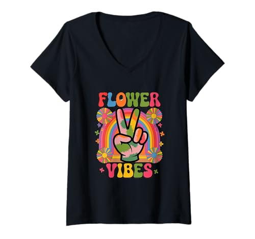 Damen groovy flower vibes Vintage Retro grooooovy cool party T-Shirt mit V-Ausschnitt von Flower Power und Discoball Outfits
