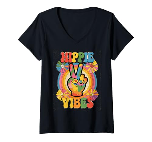 Damen groovy hippie vibes Vintage Retro grooooovy cool party T-Shirt mit V-Ausschnitt von Flower Power und Discoball Outfits