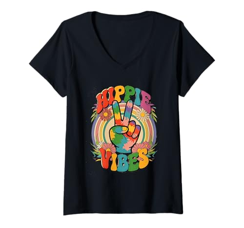 Damen groovy hippie vibes Vintage Retro grooooovy cool party T-Shirt mit V-Ausschnitt von Flower Power und Discoball Outfits