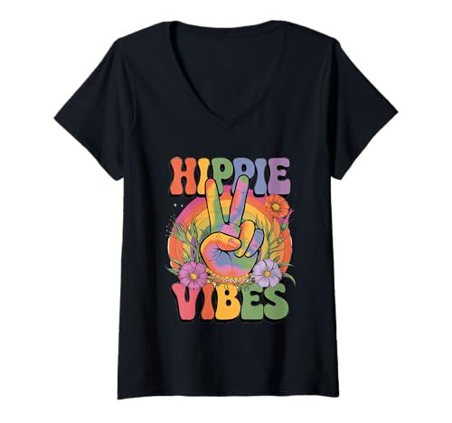 Damen groovy hippie vibes Vintage Retro grooooovy cool party T-Shirt mit V-Ausschnitt von Flower Power und Discoball Outfits