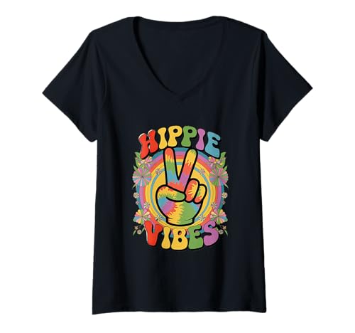 Damen groovy hippie vibes Vintage Retro grooooovy cool party T-Shirt mit V-Ausschnitt von Flower Power und Discoball Outfits