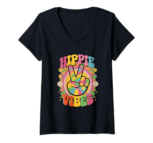 Damen groovy hippie vibes Vintage Retro grooooovy cool party T-Shirt mit V-Ausschnitt von Flower Power und Discoball Outfits