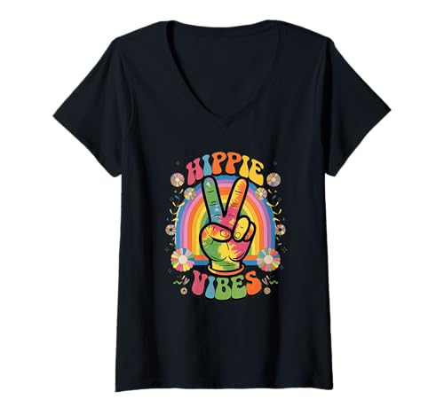 Damen groovy hippie vibes Vintage Retro grooooovy cool party T-Shirt mit V-Ausschnitt von Flower Power und Discoball Outfits