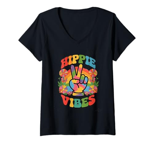 Damen groovy hippie vibes Vintage Retro grooooovy cool party T-Shirt mit V-Ausschnitt von Flower Power und Discoball Outfits