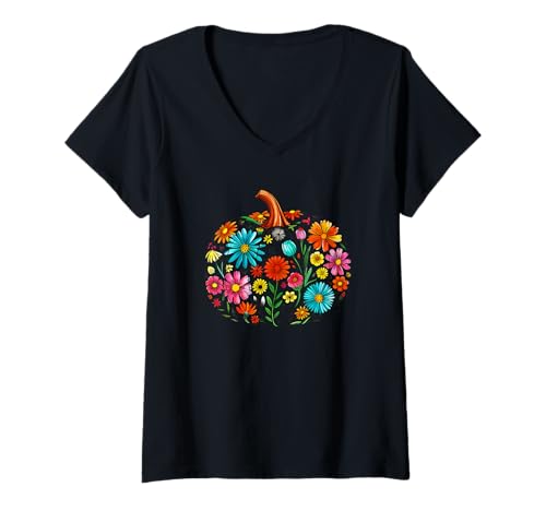 Damen Halloween bunter Kürbis aus Blumen T-Shirt mit V-Ausschnitt von Flower Pumpkin Art