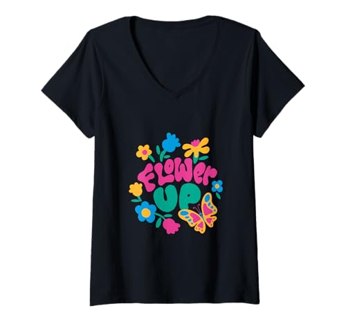 Damen Blumengrafik „Blüte wie EIN Schmetterling“ T-Shirt mit V-Ausschnitt Damen Blumengrafik „Blüte wie EIN Schmetterling“ T-Shirt mit V-Ausschnitt von Flower UP