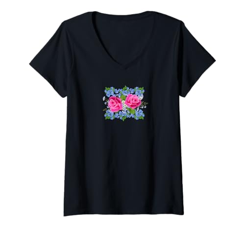 Damen Rosa Rosen und Forget Me Not Flowers T-Shirt mit V-Ausschnitt Damen Rosa Rosen und Forget Me Not Flowers T-Shirt mit V-Ausschnitt von Flower and Botanical Flower Apparel Company