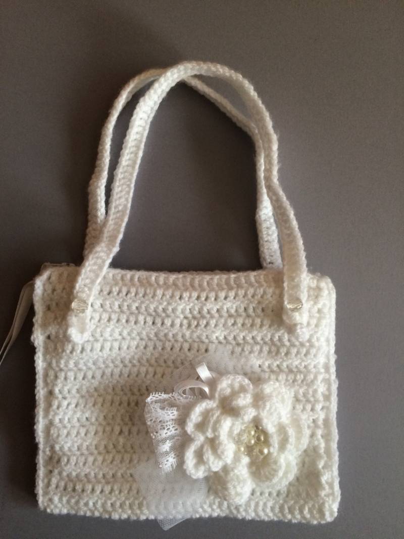 Handgemachte Häkeln Handtasche, Weiß Kleinkind Tasche, Geschenk Für Mädchen, Kleine Mädchen Handtasche Mit Blumen, Geldbörse, Taufe Zubehör von FlowerAllOverByMK