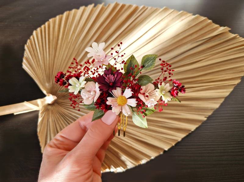 Babys Breath Gepresste Blumen Schmuck Burgund Rosa Getrocknete Haarkämme Hochzeit Boho Style Haarteil Trockene Niedliche Geschenke von FlowerFeliz