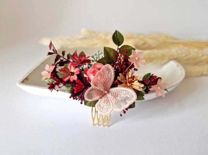 Getrocknete Blumen Haarkamm, Schmetterling Rosa Haarteil, Natürliche Blume, Schleierkraut Hochzeit Kamm, Boho Braut Accessoires Inspiration von FlowerFeliz