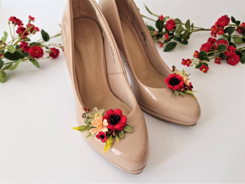 Rote Mohne Blume Schuhclips, Mohnblume Schuhclip, Zubehör, Geschenk Für Sie, Brautschuhe, Rote Schuh Brosche, Clip De Zapatos von FlowerFeliz