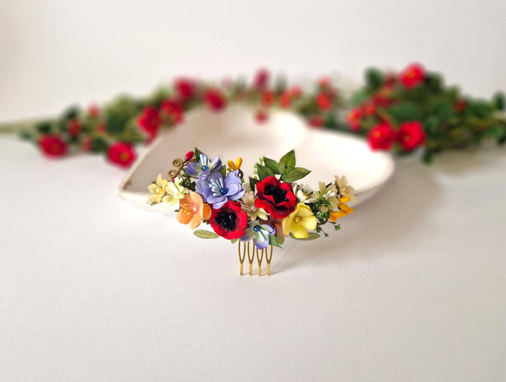 Roter Mohn Blumen Haarkamm, Trockenblumen Geschenk Für Sie, Flamenco Tanzkamm, Tocados De Flores, Peigne Fleurs Cheveux von FlowerFeliz