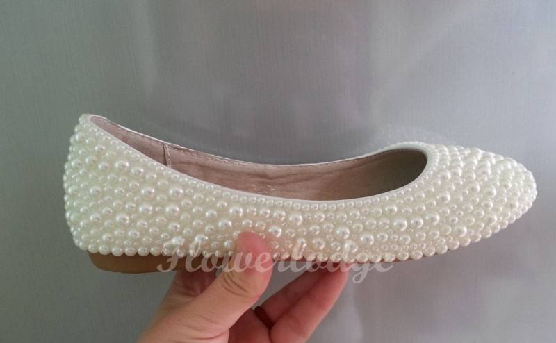 Birne Schuhe Aus Elfenbein Weiß Perlen Ballett Soft Comfortable Flats Shoes-Pearlized Schuhe-Pearl Damenschuhe Hausschuhe von Flowerlodge