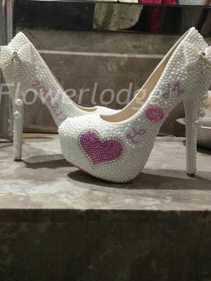 Personalisierte Prom Schuhe Elfenbein Perlen Frauen Pumpen Plattform Hohe Fersen-Anpassen Geschlossen Zehe Oder Peep Fersen von Flowerlodge
