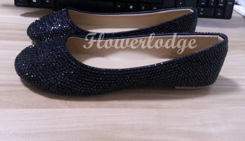 Schwarze Kristall Funkeln Frauen Schuhe Wohnungen, Strass Ballett Wohnungen Tänzerin Schuhe, Benutzerdefinierte Brautjungfer Flache Weiche Bequeme von Flowerlodge