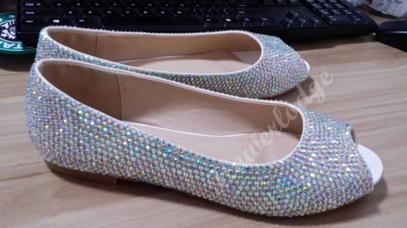 Strass Ballett Wohnungen Frauen Schuhe Ab Kristall Steine Funkeln Offene Zehen Glitter Bling Peep Toe Flache Bequeme von Flowerlodge
