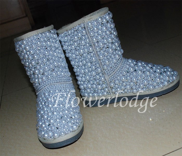 Tan Boots Crystal Pearl Winter Leder Schaffell Fleech/Wollstiefel Wunderschön Zeigen Stiefel Tylish Furry Custom Damen/Mädchen von Flowerlodge