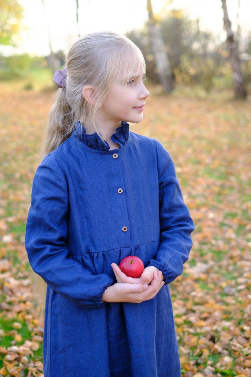 Mädchen Leinenkleid, Langarm Viele Farben Kleid, Kleinkind-Mädchen-Kleid, Herbstkleid, Lange Ärmel Kleid Mit Gekräuselten Kragen von FlowermilkKids