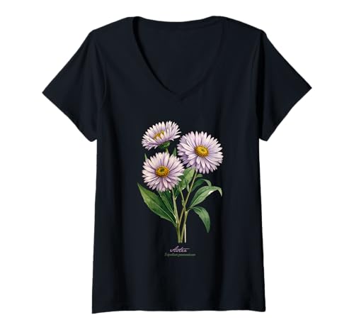 Damen Aster Flower Scientific Name Vintage Illustration Blumen T-Shirt mit V-Ausschnitt Damen Aster Flower Scientific Name Vintage Illustration Blumen T-Shirt mit V-Ausschnitt von Flowers Scientific Names Illustration DonaOnca