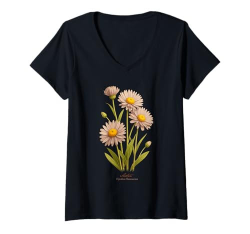 Damen Aster Flower Scientific Name Vintage Illustration Blumen T-Shirt mit V-Ausschnitt Damen Aster Flower Scientific Name Vintage Illustration Blumen T-Shirt mit V-Ausschnitt von Flowers Scientific Names Illustration DonaOnca