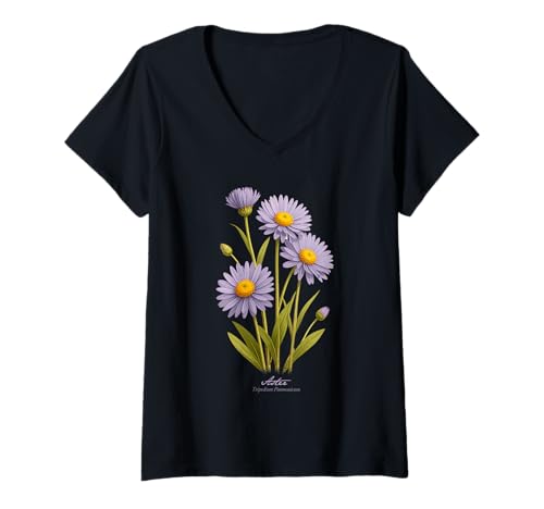 Damen Aster Flower Scientific Name Vintage Illustration Blumen T-Shirt mit V-Ausschnitt Damen Aster Flower Scientific Name Vintage Illustration Blumen T-Shirt mit V-Ausschnitt von Flowers Scientific Names Illustration DonaOnca