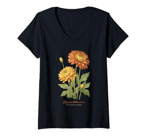 Damen Chrysanthemen-Blume, wissenschaftliche Namensillustration, Blumen T-Shirt mit V-Ausschnitt Damen Chrysanthemen-Blume, wissenschaftliche Namensillustration, Blumen T-Shirt mit V-Ausschnitt von Flowers Scientific Names Illustration DonaOnca