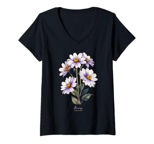Damen Gänseblümchen Wissenschaftlicher Name Vintage Illustration Blumen T-Shirt mit V-Ausschnitt Damen Gänseblümchen Wissenschaftlicher Name Vintage Illustration Blumen T-Shirt mit V-Ausschnitt von Flowers Scientific Names Illustration DonaOnca