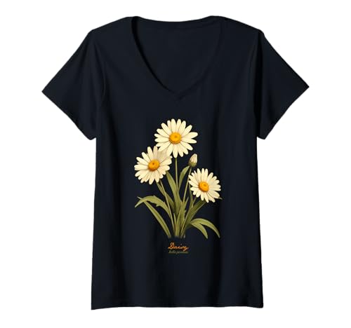 Damen Gänseblümchen Wissenschaftlicher Name Vintage Illustration Blumen T-Shirt mit V-Ausschnitt Damen Gänseblümchen Wissenschaftlicher Name Vintage Illustration Blumen T-Shirt mit V-Ausschnitt von Flowers Scientific Names Illustration DonaOnca