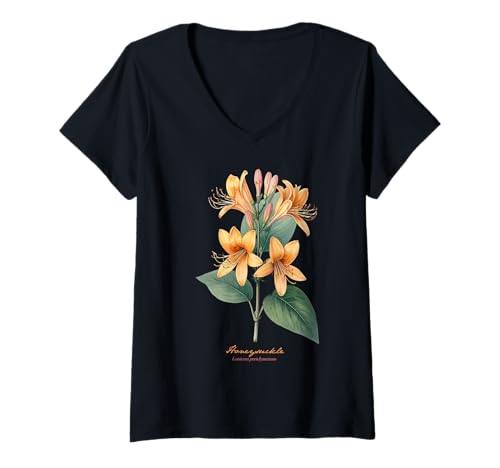 Damen Geißblatt Blume wissenschaftlicher Name Retro Illustration Flora T-Shirt mit V-Ausschnitt Damen Geißblatt Blume wissenschaftlicher Name Retro Illustration Flora T-Shirt mit V-Ausschnitt von Flowers Scientific Names Illustration DonaOnca