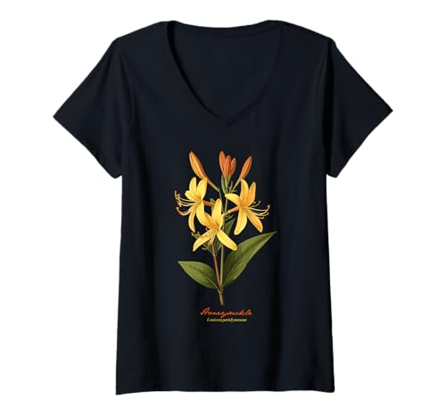 Damen Geißblatt Blume wissenschaftlicher Name Retro Illustration Flora T-Shirt mit V-Ausschnitt Damen Geißblatt Blume wissenschaftlicher Name Retro Illustration Flora T-Shirt mit V-Ausschnitt von Flowers Scientific Names Illustration DonaOnca