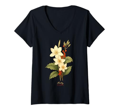 Damen Holly Flower, wissenschaftlicher Name, Vintage-Illustration, Blumen T-Shirt mit V-Ausschnitt Damen Holly Flower, wissenschaftlicher Name, Vintage-Illustration, Blumen T-Shirt mit V-Ausschnitt von Flowers Scientific Names Illustration DonaOnca