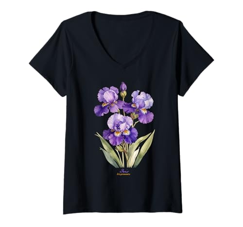 Damen Iris Flower Wissenschaftlicher Name Vintage Illustration Blumen T-Shirt mit V-Ausschnitt Damen Iris Flower Wissenschaftlicher Name Vintage Illustration Blumen T-Shirt mit V-Ausschnitt von Flowers Scientific Names Illustration DonaOnca