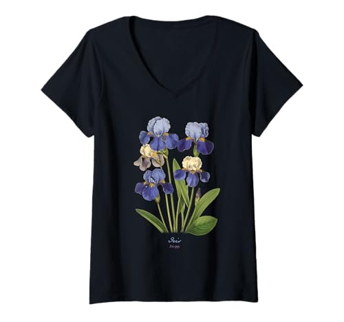 Damen Iris Flower Wissenschaftlicher Name Vintage Illustration Blumen T-Shirt mit V-Ausschnitt Damen Iris Flower Wissenschaftlicher Name Vintage Illustration Blumen T-Shirt mit V-Ausschnitt von Flowers Scientific Names Illustration DonaOnca