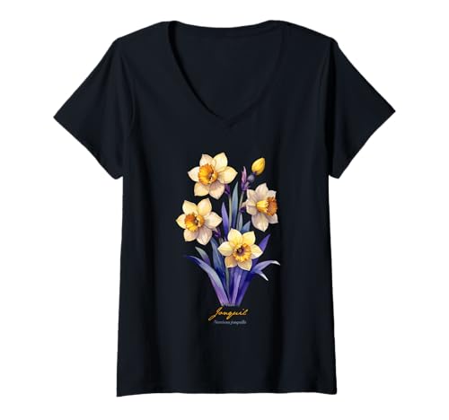 Damen Jonquil Flower Wissenschaftlicher Name Vintage Illustration Blumen T-Shirt mit V-Ausschnitt Damen Jonquil Flower Wissenschaftlicher Name Vintage Illustration Blumen T-Shirt mit V-Ausschnitt von Flowers Scientific Names Illustration DonaOnca