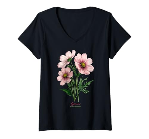 Damen Kosmos-Blume, wissenschaftlicher Name, Vintage-Illustration, Blumen T-Shirt mit V-Ausschnitt Damen Kosmos-Blume, wissenschaftlicher Name, Vintage-Illustration, Blumen T-Shirt mit V-Ausschnitt von Flowers Scientific Names Illustration DonaOnca