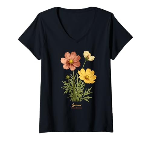 Damen Kosmos-Blume, wissenschaftlicher Name, Vintage-Illustration, Blumen T-Shirt mit V-Ausschnitt Damen Kosmos-Blume, wissenschaftlicher Name, Vintage-Illustration, Blumen T-Shirt mit V-Ausschnitt von Flowers Scientific Names Illustration DonaOnca