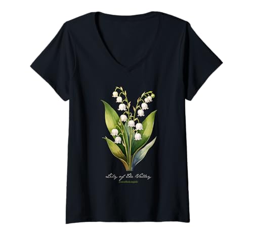 Damen Maiglöckchen, Blume, wissenschaftliche Namensillustration, Flora T-Shirt mit V-Ausschnitt Damen Maiglöckchen, Blume, wissenschaftliche Namensillustration, Flora T-Shirt mit V-Ausschnitt von Flowers Scientific Names Illustration DonaOnca