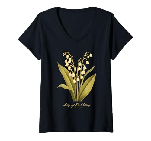 Damen Maiglöckchen, Blume, wissenschaftliche Namensillustration, Flora T-Shirt mit V-Ausschnitt Damen Maiglöckchen, Blume, wissenschaftliche Namensillustration, Flora T-Shirt mit V-Ausschnitt von Flowers Scientific Names Illustration DonaOnca