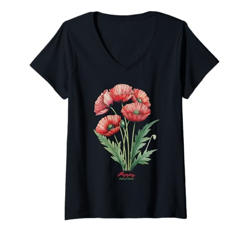 Damen Mohnblume Wissenschaftlicher Name Vintage Illustration Blumen T-Shirt mit V-Ausschnitt Damen Mohnblume Wissenschaftlicher Name Vintage Illustration Blumen T-Shirt mit V-Ausschnitt von Flowers Scientific Names Illustration DonaOnca