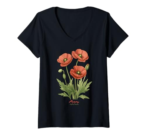 Damen Mohnblume Wissenschaftlicher Name Vintage Illustration Blumen T-Shirt mit V-Ausschnitt Damen Mohnblume Wissenschaftlicher Name Vintage Illustration Blumen T-Shirt mit V-Ausschnitt von Flowers Scientific Names Illustration DonaOnca