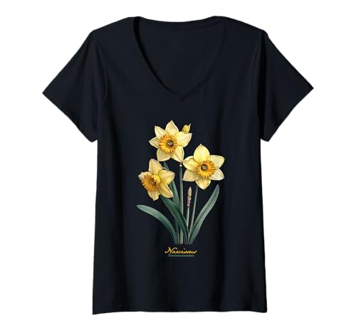 Damen Narzisse Blume Wissenschaftlicher Name Vintage Illustration Flora T-Shirt mit V-Ausschnitt Damen Narzisse Blume Wissenschaftlicher Name Vintage Illustration Flora T-Shirt mit V-Ausschnitt von Flowers Scientific Names Illustration DonaOnca