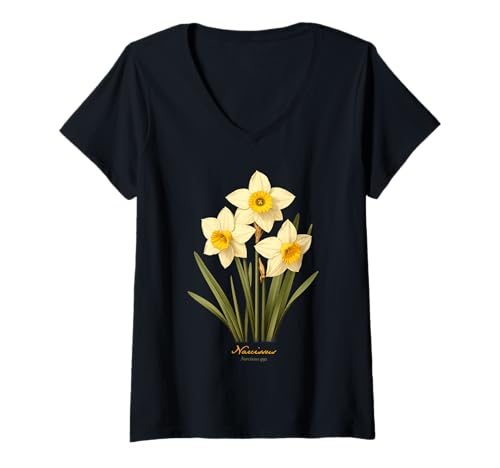 Damen Narzisse Blume Wissenschaftlicher Name Vintage Illustration Flora T-Shirt mit V-Ausschnitt Damen Narzisse Blume Wissenschaftlicher Name Vintage Illustration Flora T-Shirt mit V-Ausschnitt von Flowers Scientific Names Illustration DonaOnca