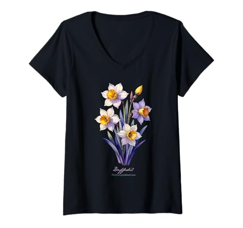 Damen Narzissenblume wissenschaftlicher Name Vintage Illustration Blumen T-Shirt mit V-Ausschnitt Damen Narzissenblume wissenschaftlicher Name Vintage Illustration Blumen T-Shirt mit V-Ausschnitt von Flowers Scientific Names Illustration DonaOnca