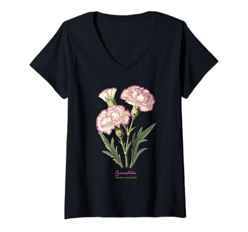 Damen Nelke Blume wissenschaftlicher Name Vintage Illustration Flora T-Shirt mit V-Ausschnitt Damen Nelke Blume wissenschaftlicher Name Vintage Illustration Flora T-Shirt mit V-Ausschnitt von Flowers Scientific Names Illustration DonaOnca