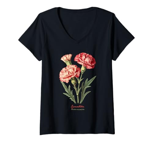 Damen Nelke Blume wissenschaftlicher Name Vintage Illustration Flora T-Shirt mit V-Ausschnitt Damen Nelke Blume wissenschaftlicher Name Vintage Illustration Flora T-Shirt mit V-Ausschnitt von Flowers Scientific Names Illustration DonaOnca