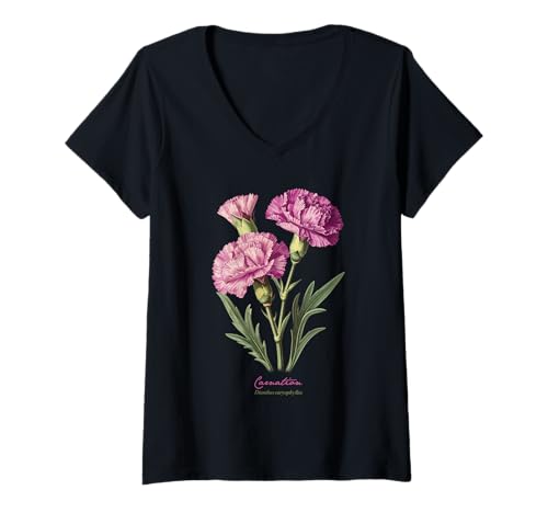 Damen Nelke Blume wissenschaftlicher Name Vintage Illustration Flora T-Shirt mit V-Ausschnitt Damen Nelke Blume wissenschaftlicher Name Vintage Illustration Flora T-Shirt mit V-Ausschnitt von Flowers Scientific Names Illustration DonaOnca