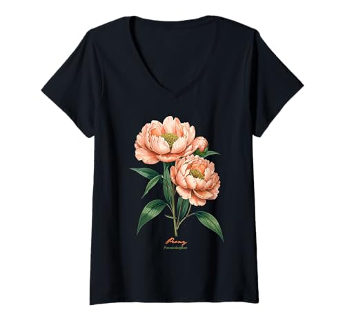 Damen Pfingstrose Blume wissenschaftlicher Name Vintage Illustration Blumen T-Shirt mit V-Ausschnitt Damen Pfingstrose Blume wissenschaftlicher Name Vintage Illustration Blumen T-Shirt mit V-Ausschnitt von Flowers Scientific Names Illustration DonaOnca